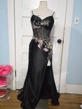 Black Floral-Appliqué Evening Gown with Sheer Corset
